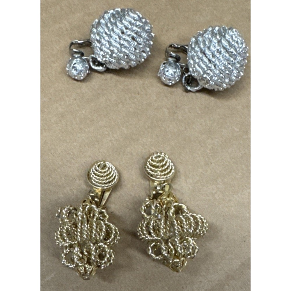 2 Pair Gold Silver Tone Dangle Signed Hong Kong Clip On Earrings